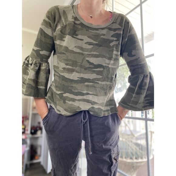 CURRENT ELLIOTT THE RUFFLE 3/4 SLEEVE SWEATSHIRT TOP CAMO Cotton 1 (M) - Picture 1 of 6